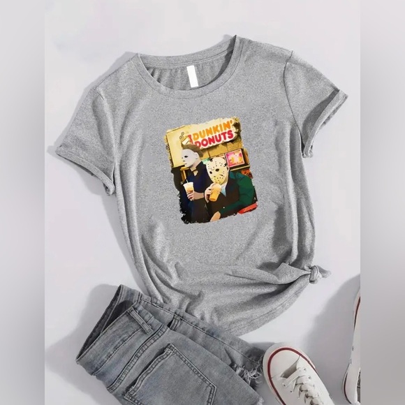 Womens Gray Halloween Movie Serial Killers at Donut Shop Short Sleeve Tee - Picture 2 of 12